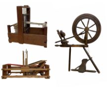 20th century beech spinning wheel H93cm together with a four shaft table hand loom and one other