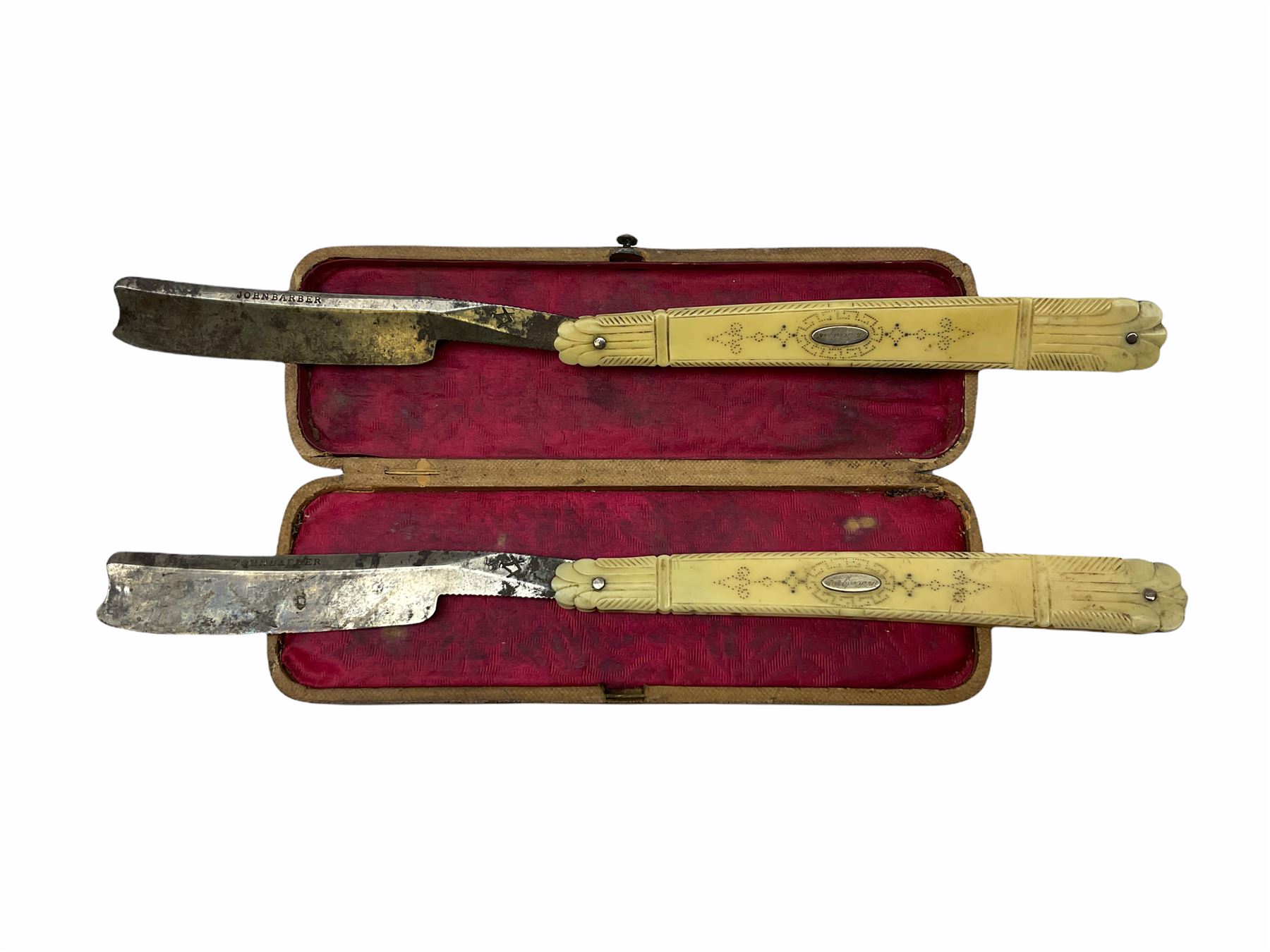 Pair of early 19th century John Barber ivory cut-throat razors with pique work decoration - Image 2 of 10