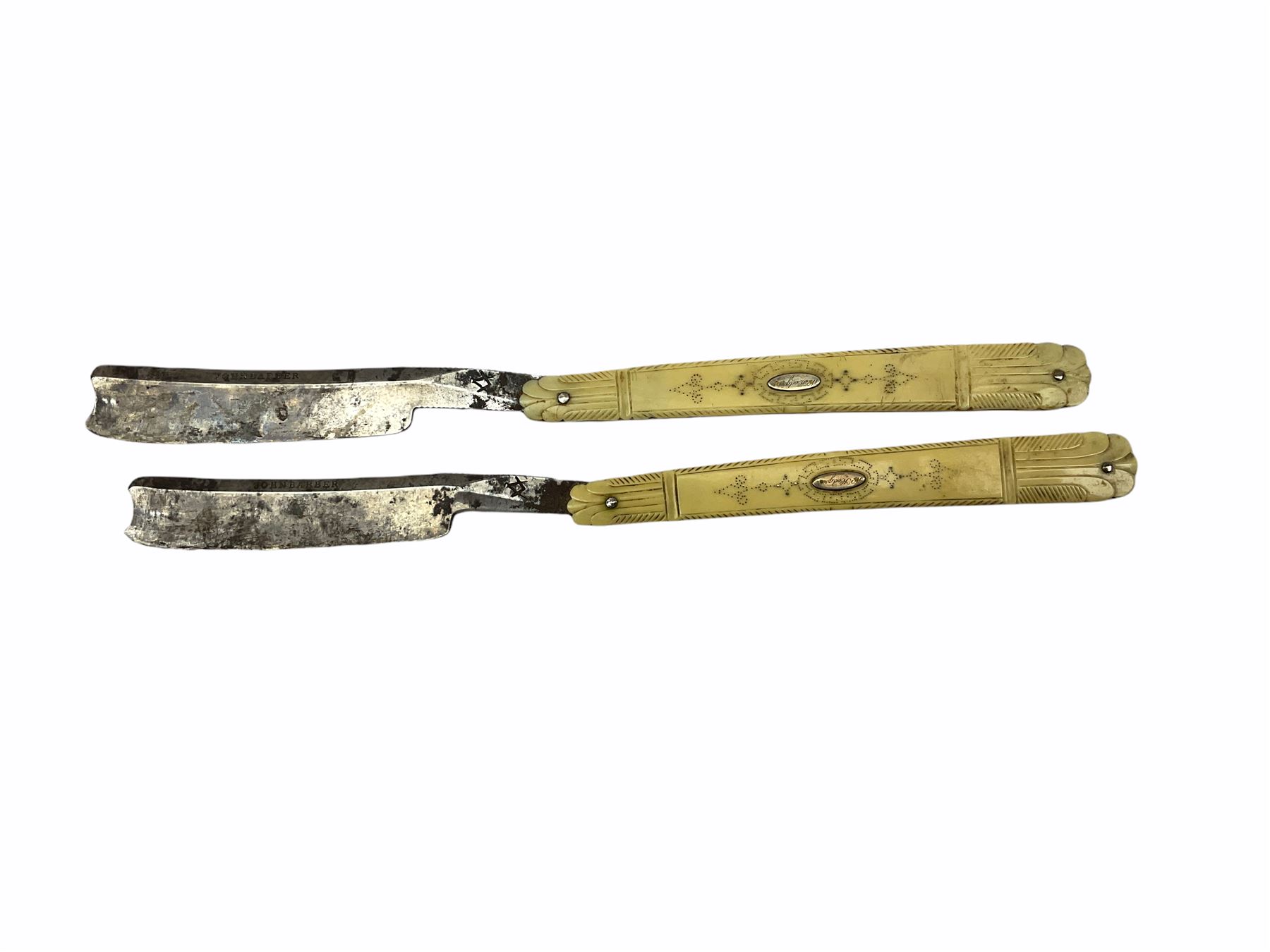 Pair of early 19th century John Barber ivory cut-throat razors with pique work decoration - Image 6 of 10
