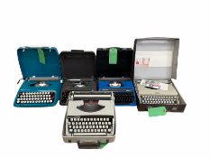 Five vintage portable typewriters comprising Antares Capri