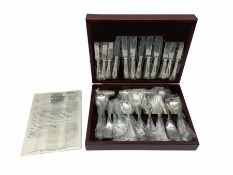A wooden cased canteen of silver plated cutlery by St James of London for six place settings.
