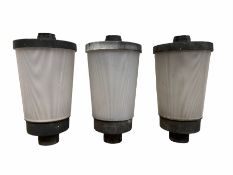 Set of three 1960's street lights of tapered circular form with internal ribbed shades and metal bas