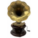 His Master's Voice table top wind up gramophone on a circular wooden base