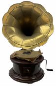 His Master's Voice table top wind up gramophone on a circular wooden base