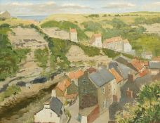 E C Clark (British 20th century): Church Street Staithes looking towards Cowbar