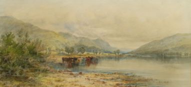 William Porteous (Scottish 1831-1882): Cattle Watering in an Extensive Highland Landscape