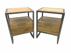 Pair of Industrial design oak and metal framed bedside stands