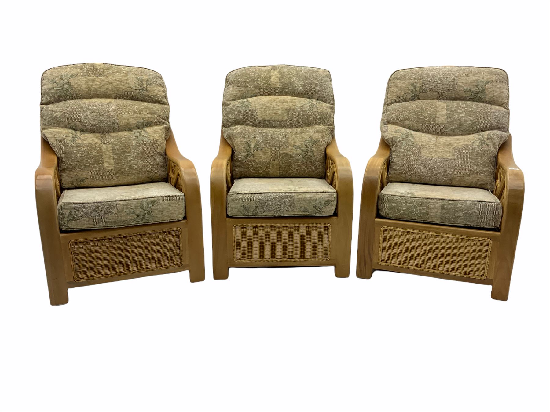 Three light wood and cane conservatory armchairs