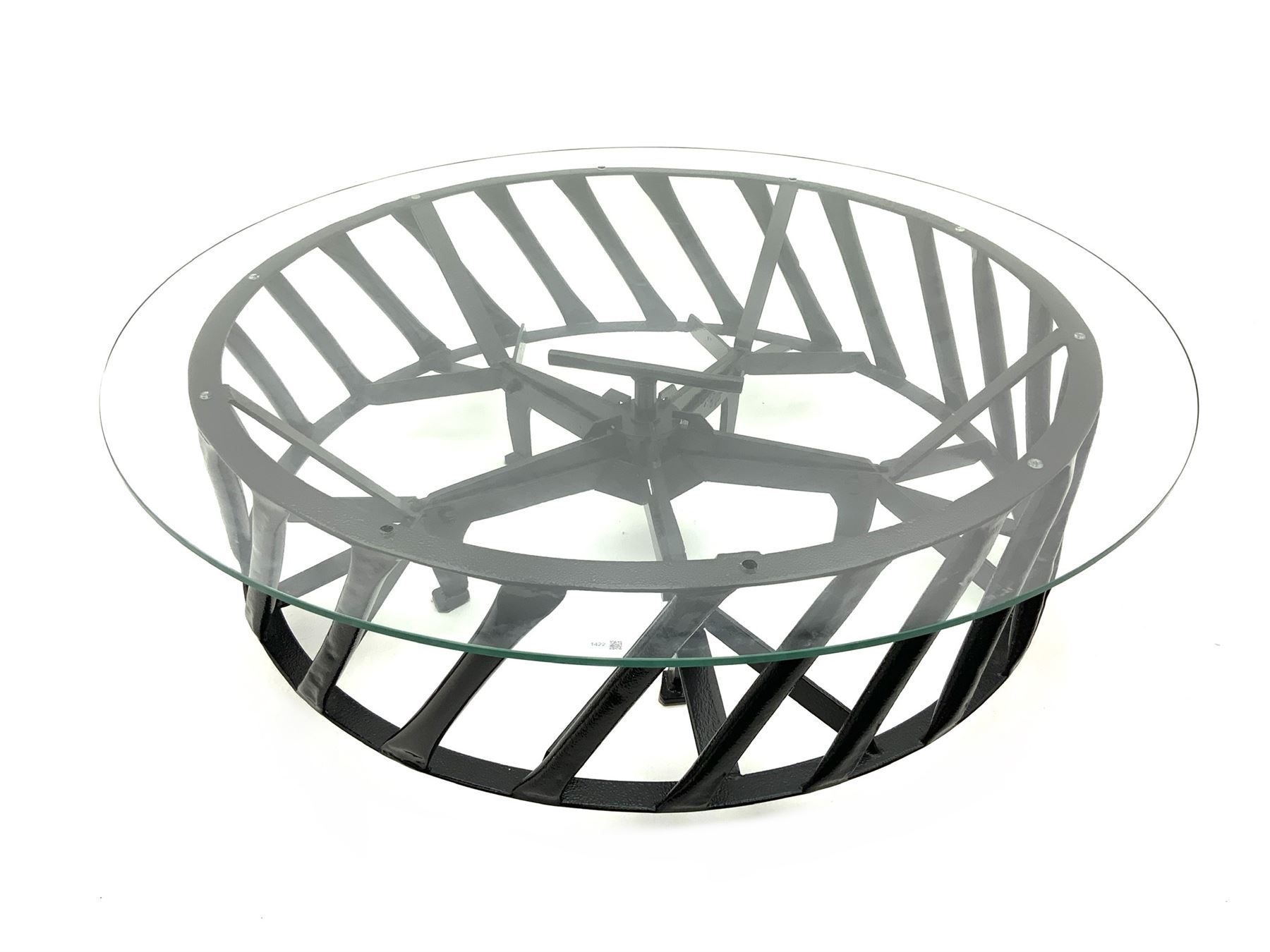 Reclaimed wrought iron vintage agricultural wheel coffee table with circular glass top - Image 2 of 3