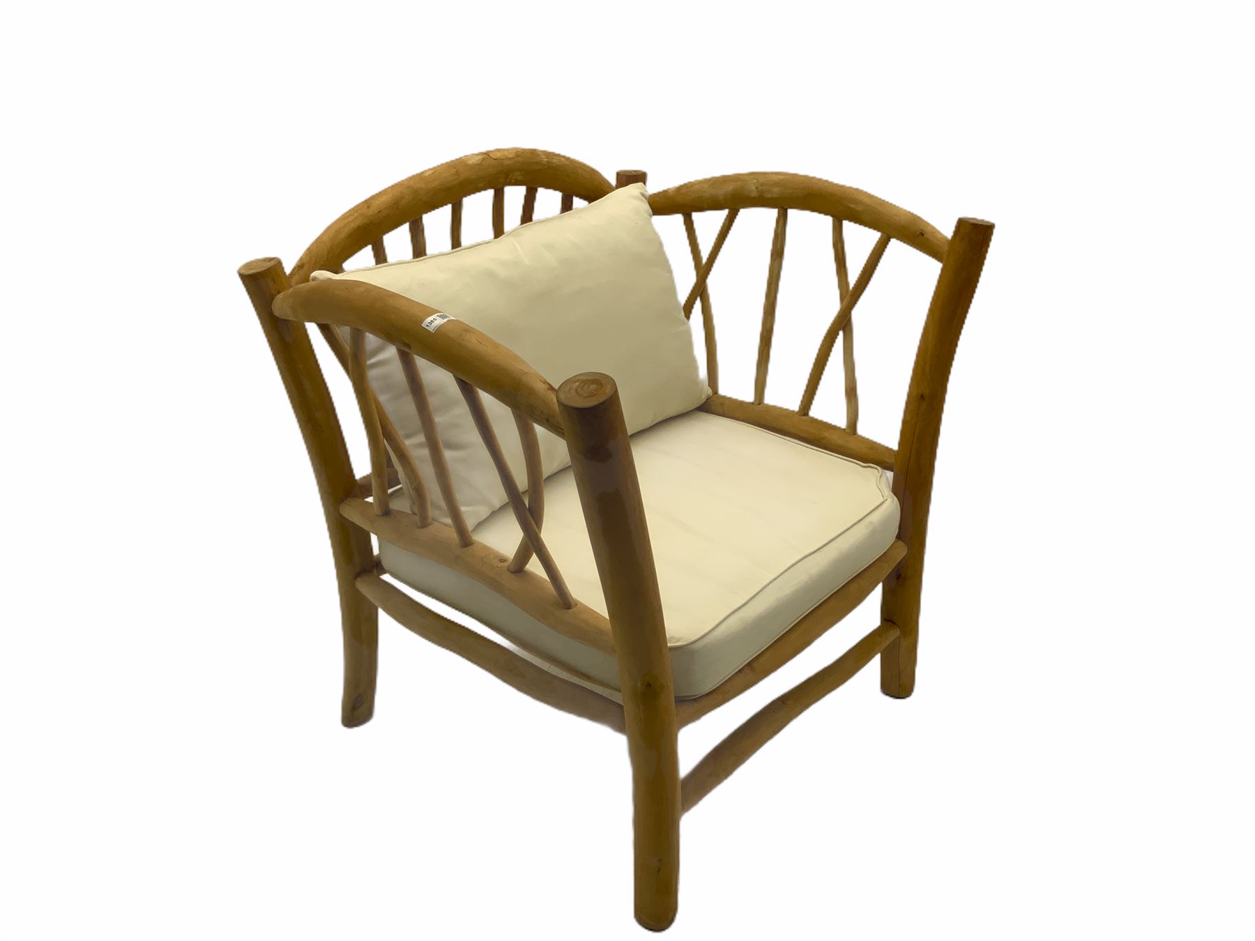 Rustic wood seat with loose cream cushions - Image 2 of 2