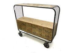 Industrial design pine and metal framed storage trolley