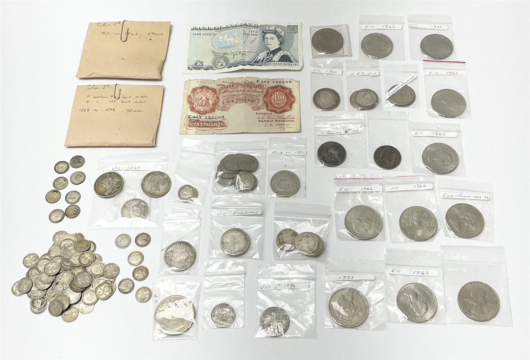 Mostly Great British coins and banknotes including Queen Victoria Gothic florins