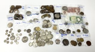 Great British and World coins including small number of pre 1920 silver coins including a Queen Vict