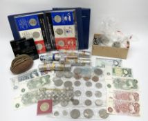 Coins and banknotes including eight United states of America silver dollars
