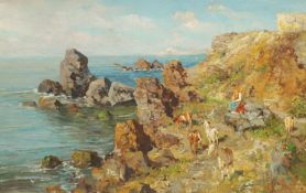 Giuseppe Giardiello (Italian 1877-1920): Girl with Goats on a Rocky Coast