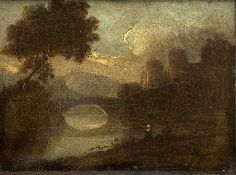 English School (19th century): River scene with Bridge and Castle