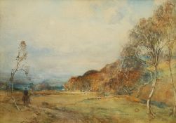 James Douglas (Scottish 1858-1911): Landscape with Sheep and Rider on Horseback