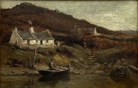 Richard Wane RBA (British 1852-1904): White Cottages with Rowing Boat on the Water's Edge