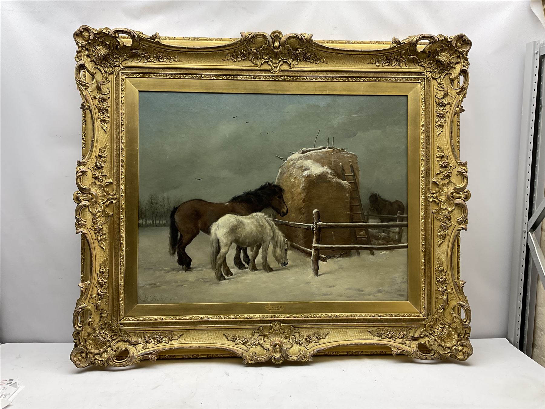 Walter Hunt (British 1861-1941): 'Old Pensioners' - Ponies by a Hayrick in the Snow - Image 2 of 4