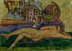 Sergie Mikhailovich Luppov (Russian 1893-1977): Reclining Female Nude with Propaganda symbols