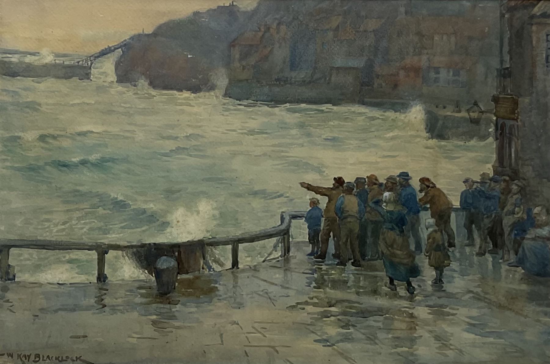 William Kay Blacklock (British 1872-1944): 'Waiting for the Boat' - a crowd gathered outside the Mar
