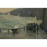 William Kay Blacklock (British 1872-1944): 'Waiting for the Boat' - a crowd gathered outside the Mar