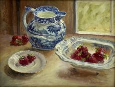 Iris Collett (British 1938-): Still Life of Strawberries and a Blue Jug