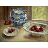 Iris Collett (British 1938-): Still Life of Strawberries and a Blue Jug