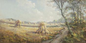Garstin Cox (British 1892-1933): Corn Stooks by a Woodland Path