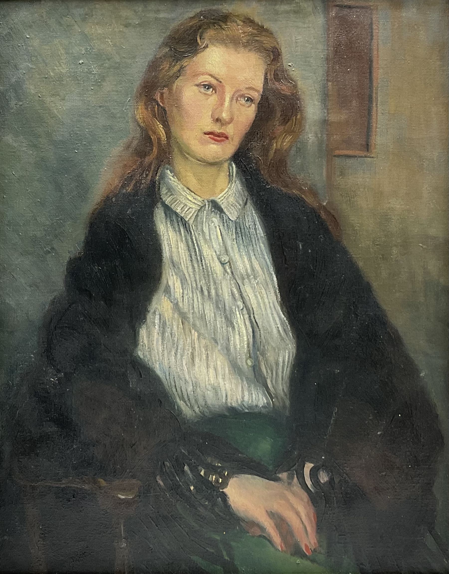 Jean Thompson (British mid 20th century): Half length Portrait of a Young Woman