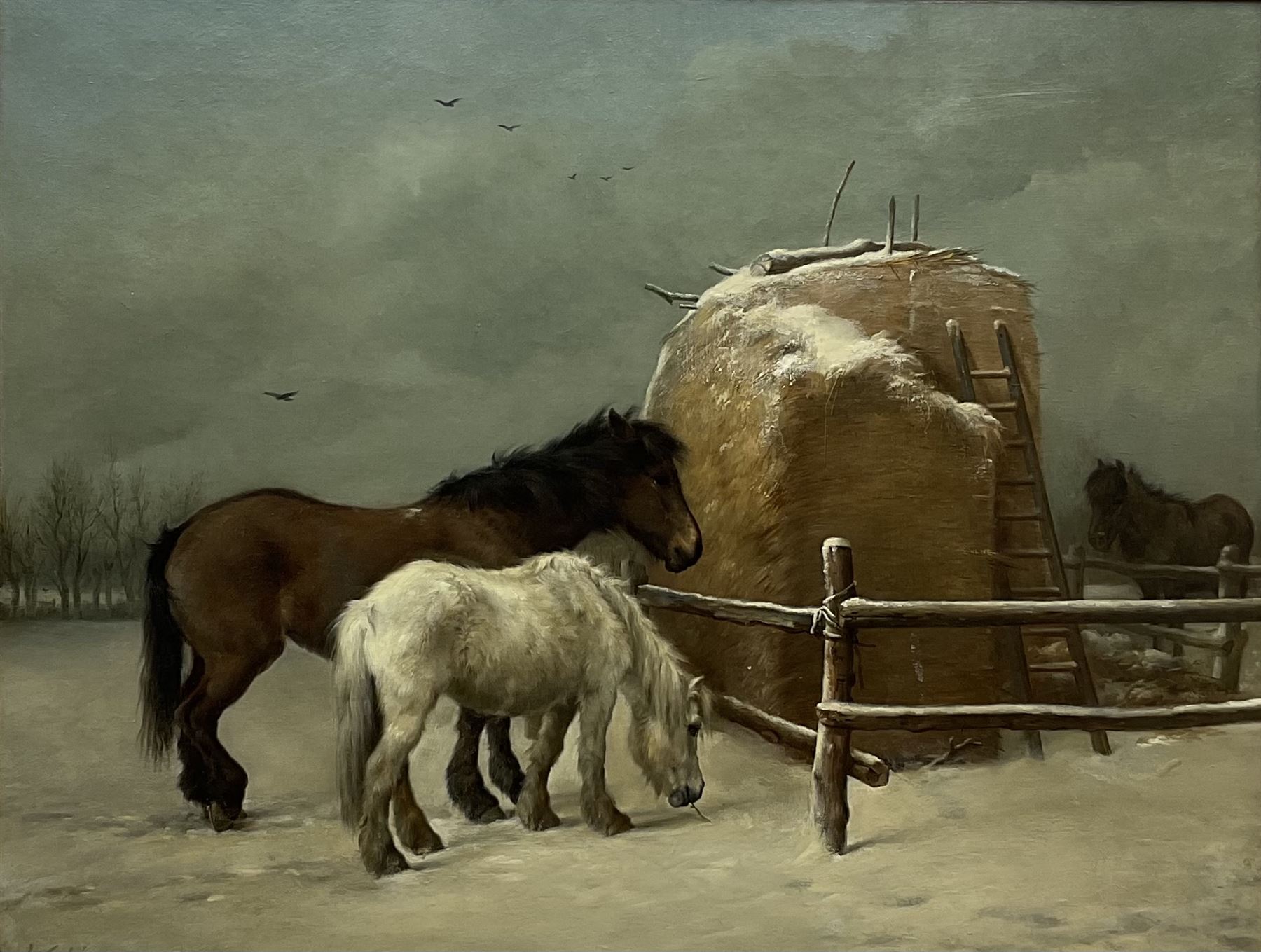 Walter Hunt (British 1861-1941): 'Old Pensioners' - Ponies by a Hayrick in the Snow