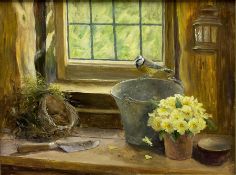 Iris Collett (British 1938-): Still Life of a Blue Tit in the Garden Shed