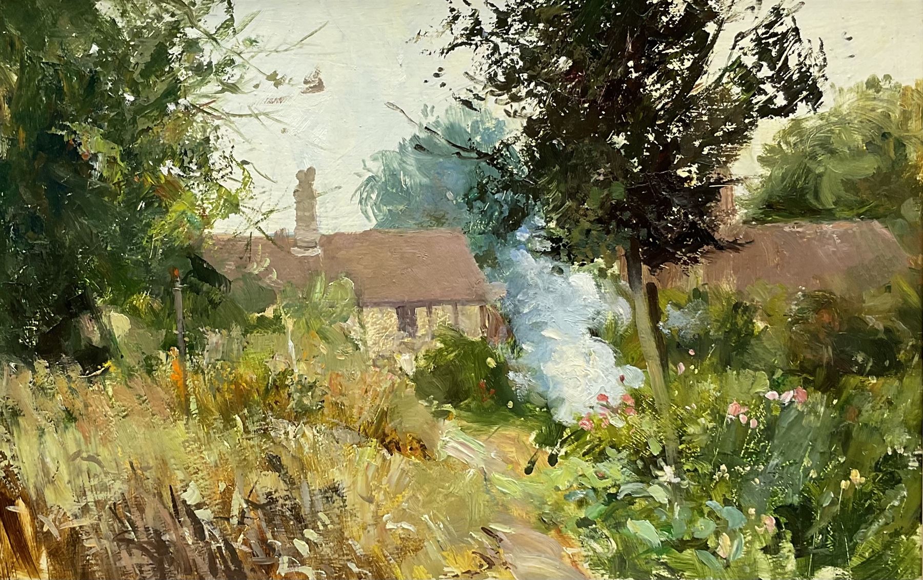 English School (Mid 20th century): Bonfire in a Cottage Garden