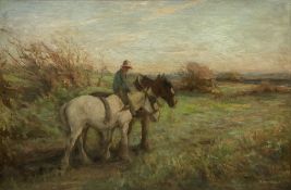 R W Johnson (19th/20th century): 'Over by Elwick' near Hartlepool - Working Horses on the Cliff Top