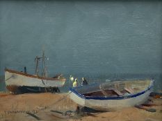 Trevor Chamberlain RSMA ROI (British 1933-): 'Anglers at Dusk Aldeburgh' Suffolk