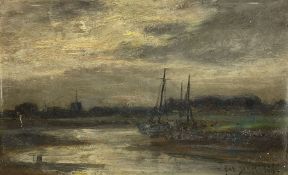 Owen Bowen (Staithes Group 1873-1967): Fishing Boats moored in a Creek at Eventide