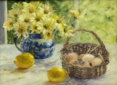 Iris Collett (British 1938-): Still Life of Lemons and a Blue Jug