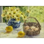Iris Collett (British 1938-): Still Life of Lemons and a Blue Jug