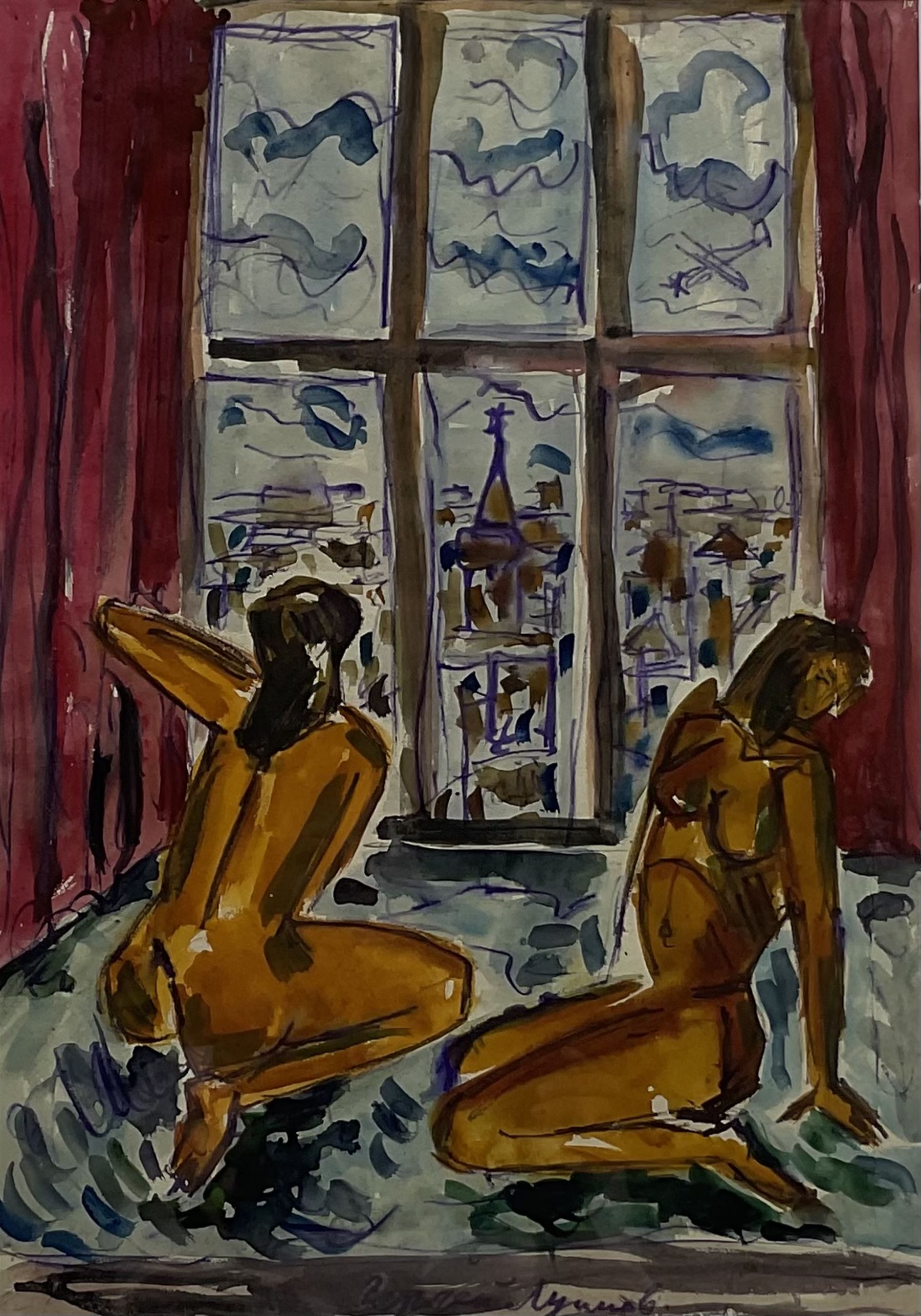 Sergie Mikhailovich Luppov (Russian 1893-1977): Two Female Nudes in a Window