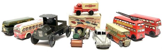 Wells Brimtoy/Pocketoy - eight tin-plate/clockwork or friction-drive vehicles comprising London Trol