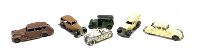 Dinky - six unboxed and playworn pre-war and early post-war die-cast cars open top sports car with w