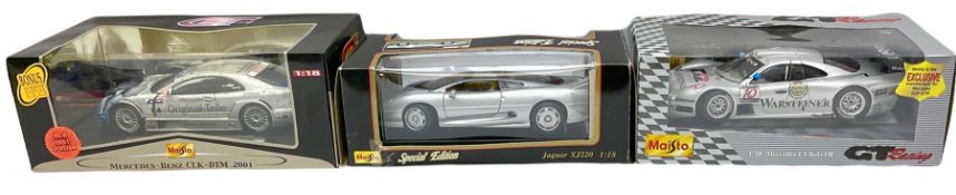 Three Maisto 1:18th scale die-cast models - Special Edition Jaguar XJ220 (1992); GT Racing Mercedes