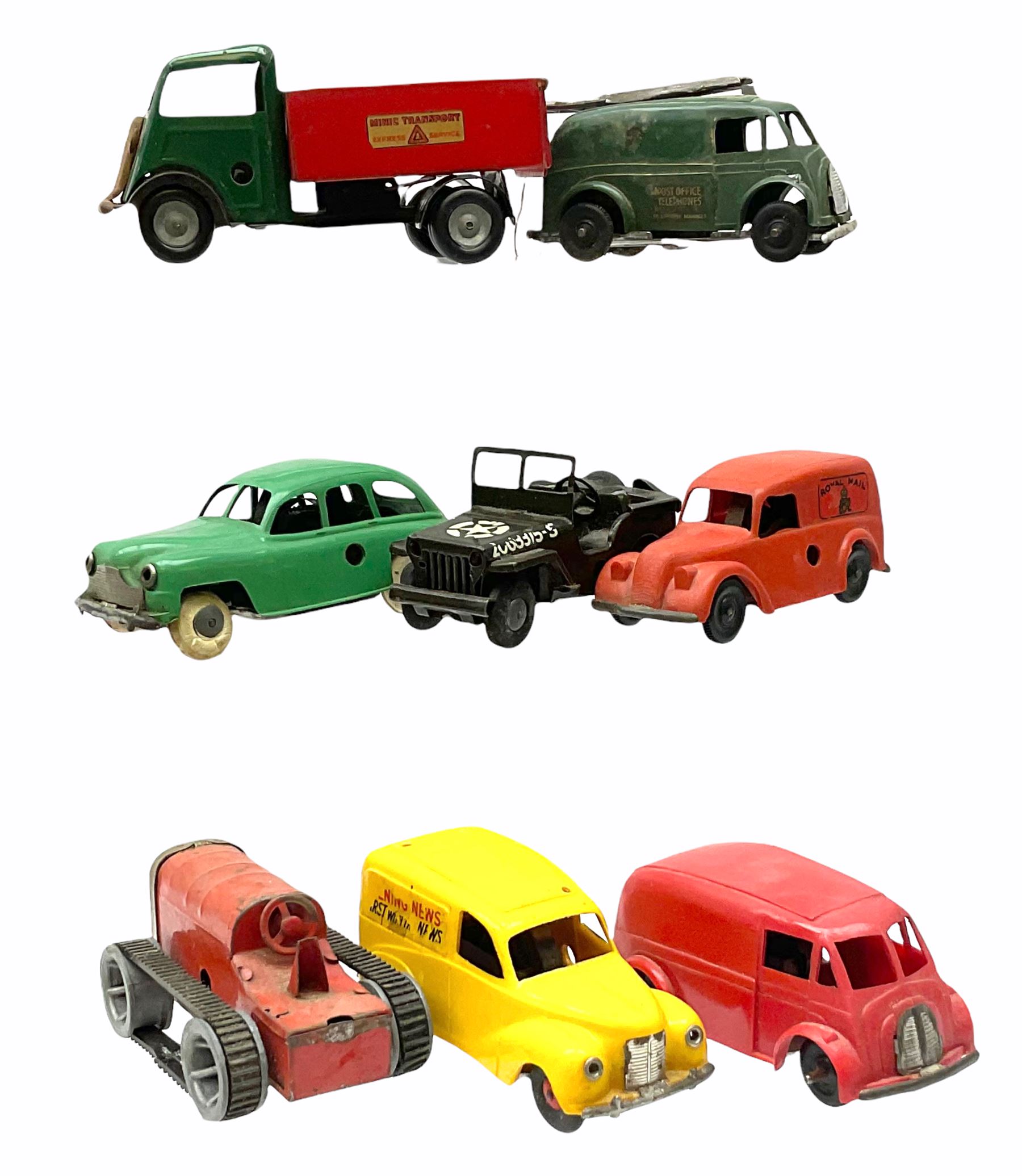 Eight Tri-ang Minic tin-plate/plastic clockwork vehicles comprising Tipper Lorry