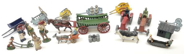 Lead figures - pre-war Charbens goat cart with girl; Timpo ploughman; Timpo cow; Salco Dray Carts; s