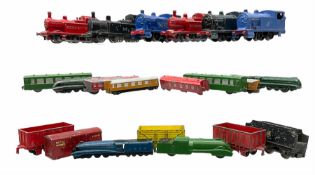 Dinky and other makers - die-cast LNER articulated train with blue locomotive and two coaches; two o