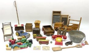 Vintage wooden toys including laundry set of washboards