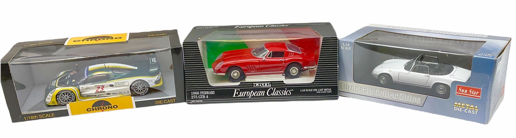 Three 1:18th scale die-cast models - Sun Star European Collectibles1966 Lotus Elan S3; ERTL European