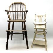 Victorian child's windsor style ash and elm stick-back high chair with turned supports and stretcher