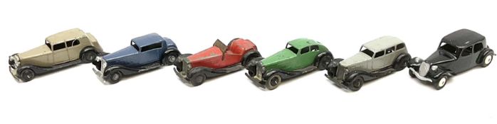 Dinky - five unboxed and playworn early post-war die-cast cars including British Salmson No.36e; and