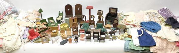 Quantity of predominantly wooden vintage dolls house furniture and accessories